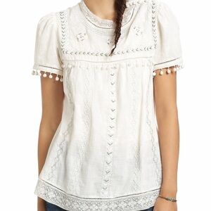 Anthropologie Leifnotes White Embroidered Boho Pom Top Size 2